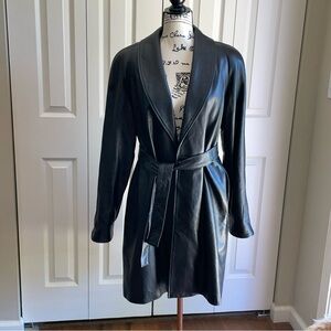 Vintage Harlan NY Leather Coat Woman’s  M Black Swing Long Line Open Front